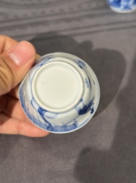 15 Chinese blue and white saucers and 13 cups with figural design, Kangxi/Yongzheng