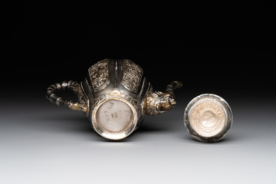 A Chinese parcel-gilt silver wine ewer for the Peranakan or Straits market,  Xuan Huang Hao 炫煌號 and An Yi Zao 安益造 mark, 19/20th C.