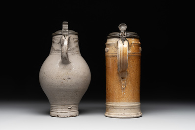 Two stoneware jugs with pewter lids, one with a coat of arms and dated 1636, Germany, 17th C.