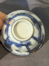 15 Chinese blue and white saucers and 13 cups with figural design, Kangxi/Yongzheng