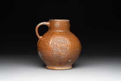 A globular stoneware jug with three coat of arms medallions, Germany, 16th C.