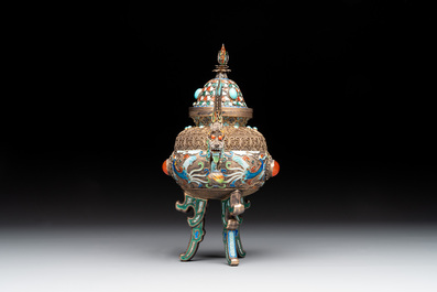 A Chinese enamelled silver incense burner, a covered opium box, a square box and a cloisonn&eacute; covered box, 19/20th C.