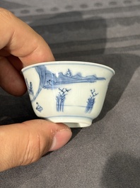 15 Chinese blue and white saucers and 13 cups with figural design, Kangxi/Yongzheng
