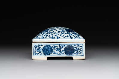 A Chinese blue and white square 'lotus scroll' box and cover, Qianlong