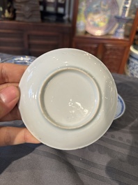 15 Chinese blue and white saucers and 13 cups with figural design, Kangxi/Yongzheng