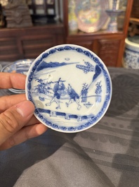 15 Chinese blue and white saucers and 13 cups with figural design, Kangxi/Yongzheng
