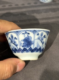 15 Chinese blue and white saucers and 13 cups with figural design, Kangxi/Yongzheng