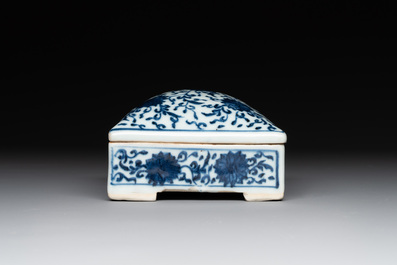 A Chinese blue and white square 'lotus scroll' box and cover, Qianlong