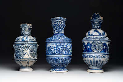 A varied collection of 8 Westerwald stoneware jugs, 19th C.