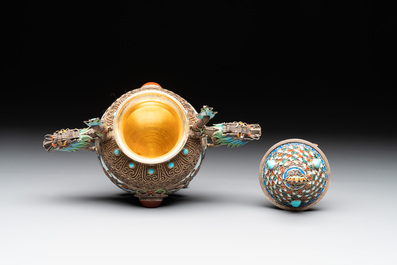 A Chinese enamelled silver incense burner, a covered opium box, a square box and a cloisonn&eacute; covered box, 19/20th C.