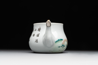 A Chinese blue and white 'dragon' vase, a famille rose 'millefleurs' vase and a teapot, Qianlong mark, 19/20th C.