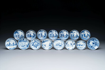 15 Chinese blue and white saucers and 13 cups with figural design, Kangxi/Yongzheng