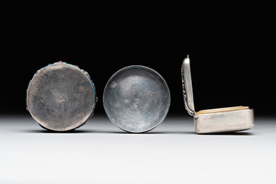 A Chinese enamelled silver incense burner, a covered opium box, a square box and a cloisonn&eacute; covered box, 19/20th C.