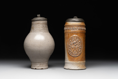 Two stoneware jugs with pewter lids, one with a coat of arms and dated 1636, Germany, 17th C.