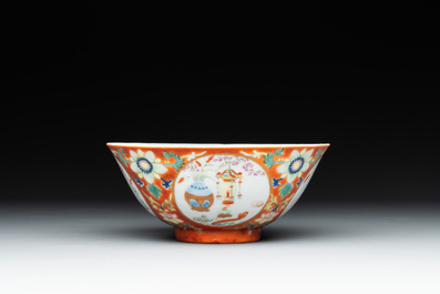 A Chinese famille rose coral-red-ground 'antiquities' bowl, Yongzheng mark, Republic