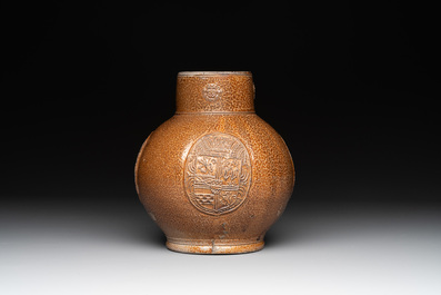 A globular stoneware jug with three coat of arms medallions, Germany, 16th C.