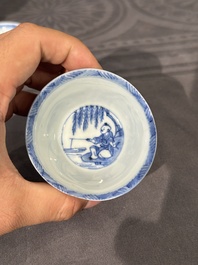15 Chinese blue and white saucers and 13 cups with figural design, Kangxi/Yongzheng