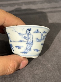 15 Chinese blue and white saucers and 13 cups with figural design, Kangxi/Yongzheng