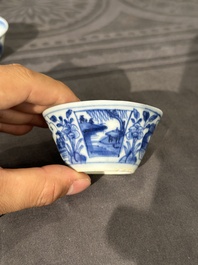 15 Chinese blue and white saucers and 13 cups with figural design, Kangxi/Yongzheng