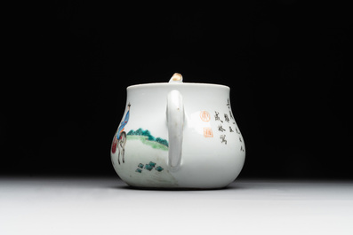 A Chinese blue and white 'dragon' vase, a famille rose 'millefleurs' vase and a teapot, Qianlong mark, 19/20th C.