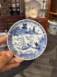 15 Chinese blue and white saucers and 13 cups with figural design, Kangxi/Yongzheng