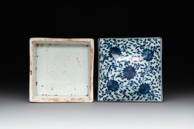 A Chinese blue and white square 'lotus scroll' box and cover, Qianlong