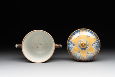 A Chinese gilt-ground blue and white lidded beaker on a French gilt bronze foot, Kangxi