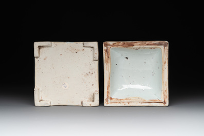 A Chinese blue and white square 'lotus scroll' box and cover, Qianlong
