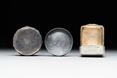 A Chinese enamelled silver incense burner, a covered opium box, a square box and a cloisonn&eacute; covered box, 19/20th C.