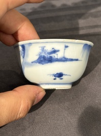 15 Chinese blue and white saucers and 13 cups with figural design, Kangxi/Yongzheng