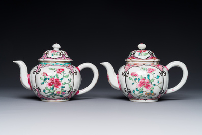 A pair of Chinese famille rose teapots with floral design, Qianlong