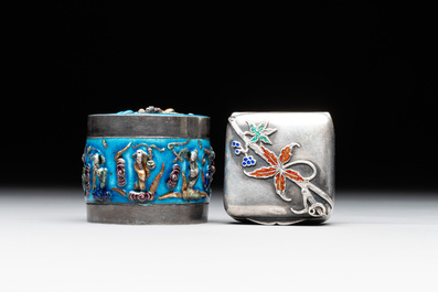 A Chinese enamelled silver incense burner, a covered opium box, a square box and a cloisonn&eacute; covered box, 19/20th C.