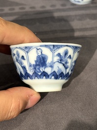 15 Chinese blue and white saucers and 13 cups with figural design, Kangxi/Yongzheng