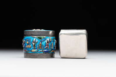 A Chinese enamelled silver incense burner, a covered opium box, a square box and a cloisonn&eacute; covered box, 19/20th C.