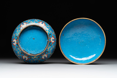 A Chinese enamelled silver incense burner, a covered opium box, a square box and a cloisonn&eacute; covered box, 19/20th C.