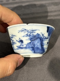 15 Chinese blue and white saucers and 13 cups with figural design, Kangxi/Yongzheng