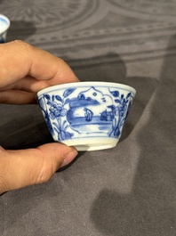 15 Chinese blue and white saucers and 13 cups with figural design, Kangxi/Yongzheng