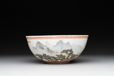 A Chinese famille rose eggshell 'landscape' bowl, signed Zou Guojun 鄒國鈞, Jing De Zhen Zhi 景德鎮制 mark, dated 1959