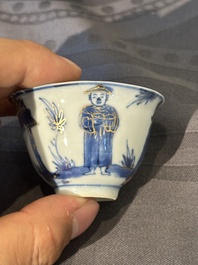 15 Chinese blue and white saucers and 13 cups with figural design, Kangxi/Yongzheng