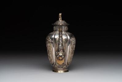 A Chinese parcel-gilt silver wine ewer for the Peranakan or Straits market,  Xuan Huang Hao 炫煌號 and An Yi Zao 安益造 mark, 19/20th C.