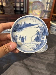 15 Chinese blue and white saucers and 13 cups with figural design, Kangxi/Yongzheng