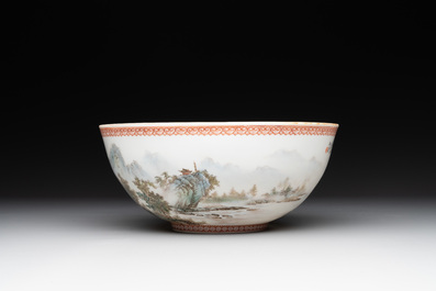 A Chinese famille rose eggshell 'landscape' bowl, signed Zou Guojun 鄒國鈞, Jing De Zhen Zhi 景德鎮制 mark, dated 1959