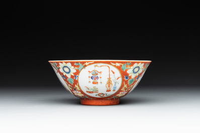 A Chinese famille rose coral-red-ground 'antiquities' bowl, Yongzheng mark, Republic
