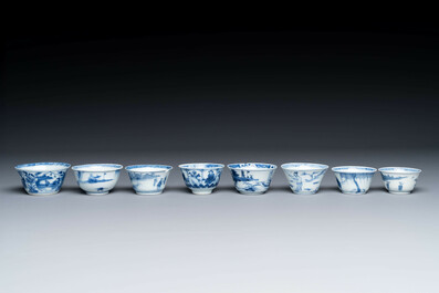 15 Chinese blue and white saucers and 13 cups with figural design, Kangxi/Yongzheng