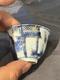 15 Chinese blue and white saucers and 13 cups with figural design, Kangxi/Yongzheng