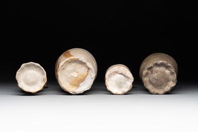A collection of 8 German proto stoneware ribbed jugs, including 'Jacobakans', 14th C.