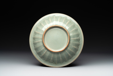 A Chinese Longquan celadon 'twin fish' plate, Yuan/Ming