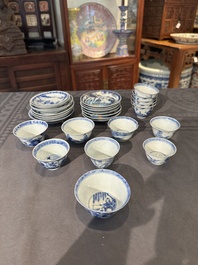 15 Chinese blue and white saucers and 13 cups with figural design, Kangxi/Yongzheng