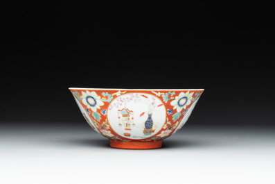 A Chinese famille rose coral-red-ground 'antiquities' bowl, Yongzheng mark, Republic