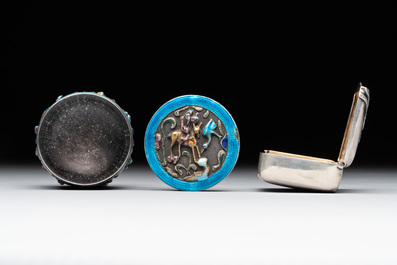 A Chinese enamelled silver incense burner, a covered opium box, a square box and a cloisonn&eacute; covered box, 19/20th C.